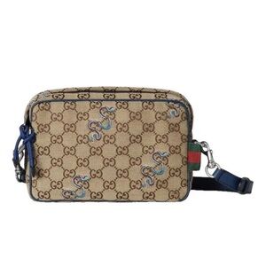 Gucci Snake Embroidered GG Canvas Blue Trim Crossbody Bag Silver Italy New $2995